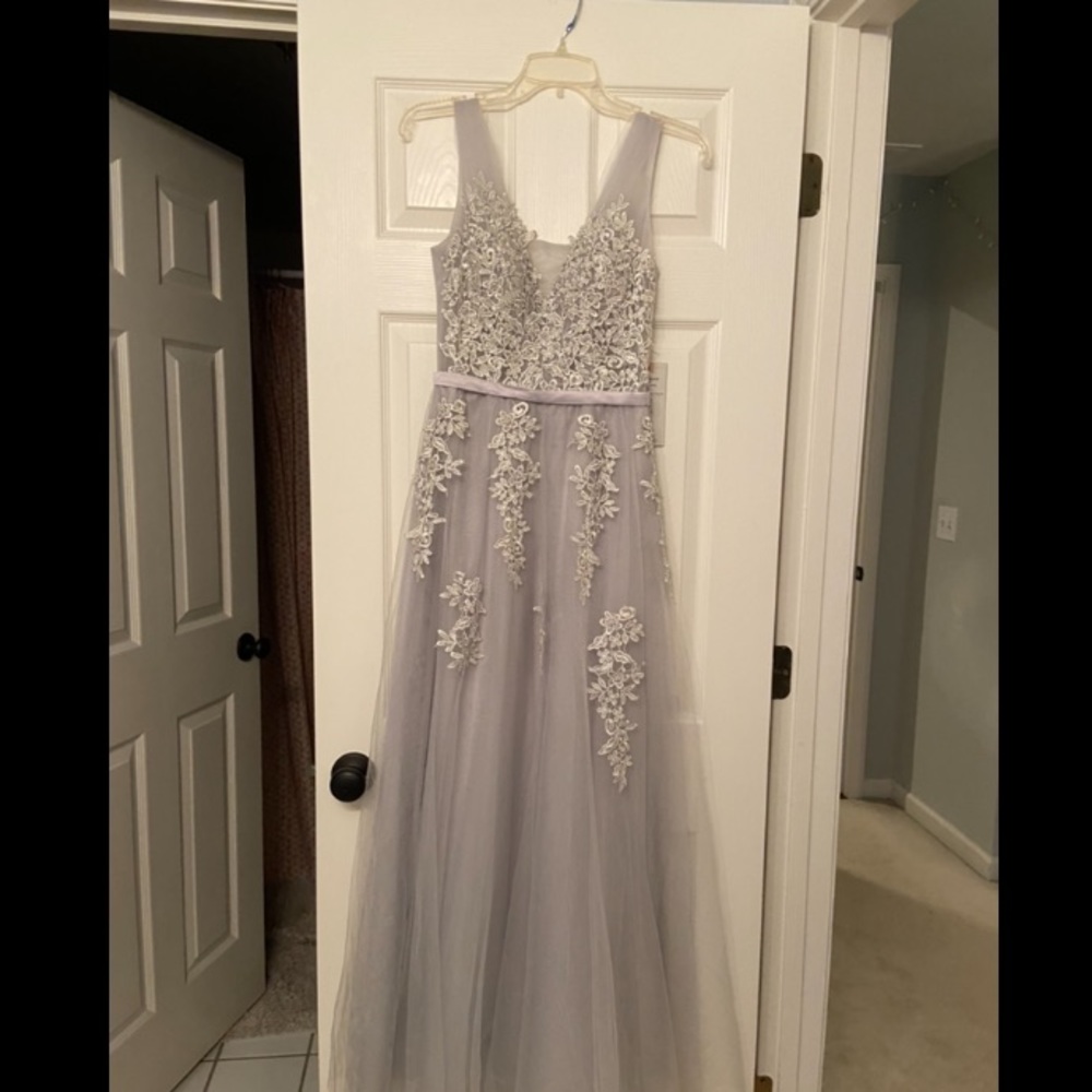 Silver Prom Dress with Flower Detail